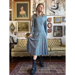 Vintage Blue Floral All over Print Long Sleeve Maxi Dress Size Small